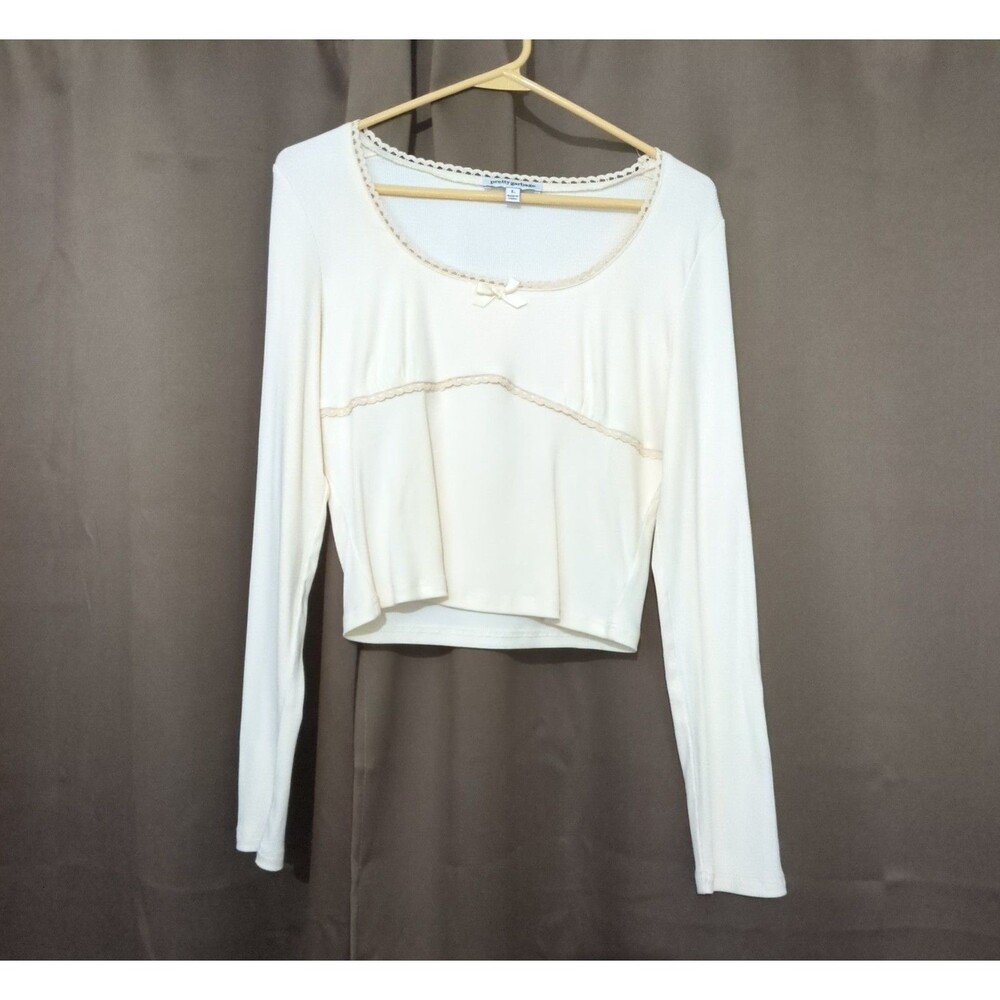Pretty Garbage Long Sleeve Ribbed Crop Top Scoop Neck L Preppy